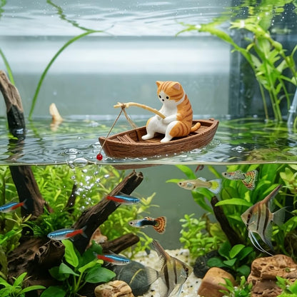 Fishing Cat Aquarium Decoration Resin Figurine, Cute Fish Tank Ornament for Cats to Watch, Mini Ocean Theme Landscape Statue, Fish Bowl Decor, Desktop Home Accessory, Aquarium Floating Tank Decoration
