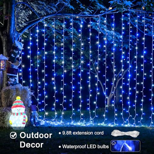 JMEXSUSS 300LED Christmas Curtain Lights Plug in, Blue and White, 9.8x9.8ft - color: Blue and White, size: 300 LED