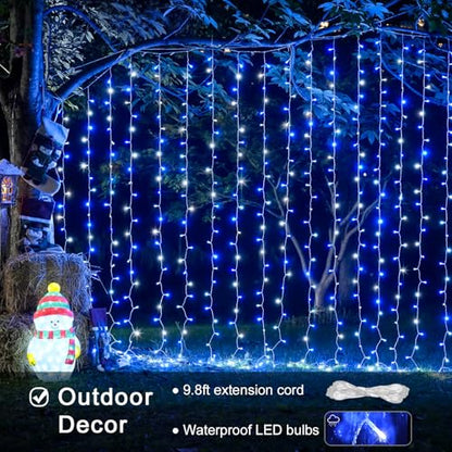 JMEXSUSS 300LED Christmas Curtain Lights Plug in, Blue and White, 9.8x9.8ft - color: Blue and White, size: 300 LED