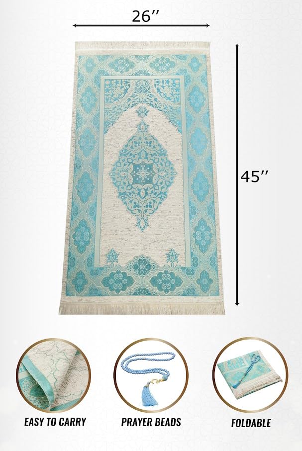 ihvan online Muslim Prayer Rug with 99 Beads Tasbih, Soft Chenille Sajadah, Lightweight & Foldable Janamaz, Portable Travel Prayer Mat, Islamic Gift for Eid, Ramadan, Hajj & Umrah, Turquoise - color: Turquoise