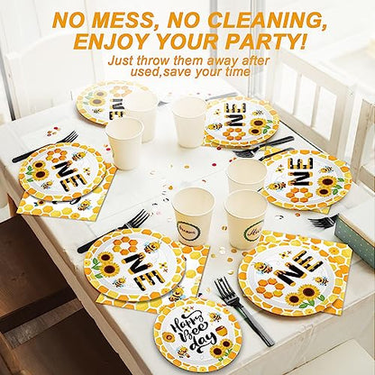 Qyeahkj 100 Pcs Bee 1st Birthday Party Supplies Paper Plates and Napkins Set Disposable Bee First Birthday Tableware Decorations for Bees Theme Baby Shower Serves 25 - style: Bee 1st