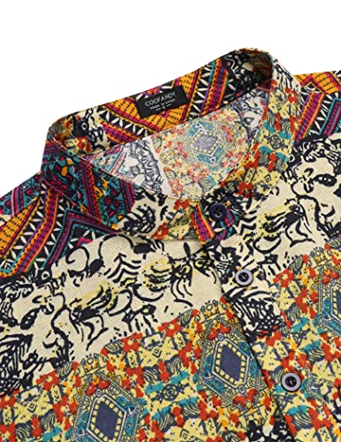 COOFANDY Men's Cotton Linen Henley T-Shirt Long Sleeve Hippie Casual Beach T-Shirts - color: Geometric, size: Large