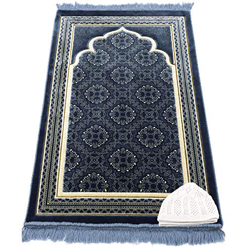 Modefa Turkish Islamic Prayer Rug - Soft Velvet Janamaz Praying Carpet - Comfortable Muslim Praying Mat for Men & Women - Ramadan or Eid Gift - with Kufi Prayer Cap - Elegant Swirl (Blue) - color: Blue