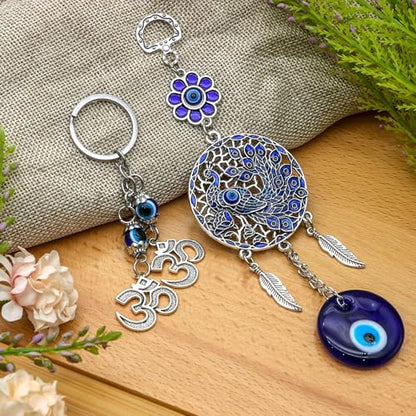Evil Eye Car Charm Key Chain Car Hanging Accessories 4 Pack - Turkish Evil Eye Wall Decor Nazar Amulet Boncugu Peacock Hindu OM Diwali Decor Home Window Door Entryway Shrine Spiritual Ornaments