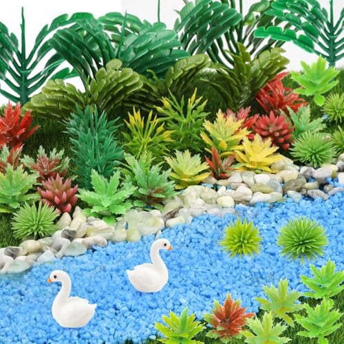 QUOZUO 82pcs Model Plants Miniature Trees Train Scenery Rainforest Fairy Garden Accessories Model Railway River Stone Artificial mini Plants Park Garden Scene Architecture Building Model