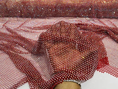 New Creations Fabric & Foam Inc, 45" Wide AB Iridescent Rhinestone On Soft Stretch Fish Net Fabric by The Yard (1 Yard, Iridescent Rhinestones on Red Mesh) - color: Iridescent Rhinestones on Red Mesh
