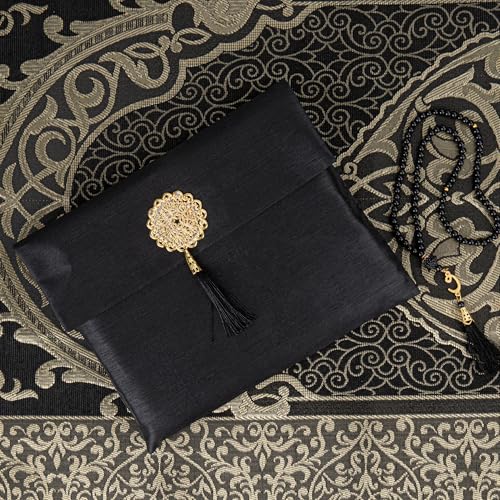 Modefa Islamic Prayer Mat Muslim Gifts - Thin Travel Muslim Prayer Rug in Taffeta Gift Bag with Tasbih Beads Prayer Matt Islam - Chenille Turkish Praying Carpet - Ramadan Gifts (Black) - color: Black