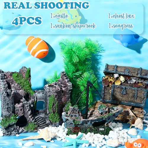 Aquarium Decorations Large Kit Resin Sunken Shipwreck | Undersea Treasure Chest, Ancient Castle Ruins Tunnel House, Simulated Artificial Water Plants, Fish Shrimp Cave Hide, Safe