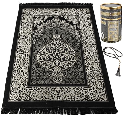 Modefa Islamic Gifts Prayer Mat | Thin Woven Praying Mat Muslim Prayer Rug | Muslim Gifts for Men Ramadan Gifts with Tesbih Prayer Beads | Ottoman Rug with Cylinder Gift Box Set (Black with Box) - color: Black #2