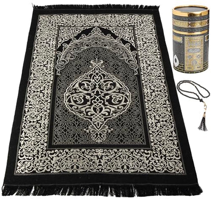 Modefa Islamic Gifts Prayer Mat | Thin Woven Praying Mat Muslim Prayer Rug | Muslim Gifts for Men Ramadan Gifts with Tesbih Prayer Beads | Ottoman Rug with Cylinder Gift Box Set (Black with Box) - color: Black #2