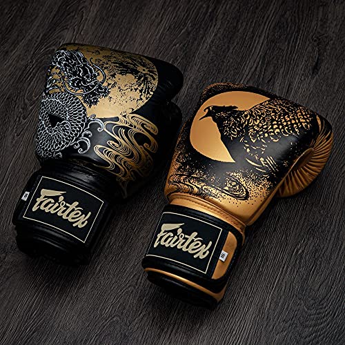 Fairtex BGV26 Harmony Boxing Gloves, Leather Muay Thai MMA Kickboxing Gear | Full-grain hide with triple-layer foam padding. Ventilated wrist strap outfit features Phoenix silkscreen for bag workouts - size: 14oz
