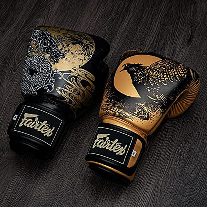 Fairtex BGV26 Harmony Boxing Gloves, Leather Muay Thai MMA Kickboxing Gear | Full-grain hide with triple-layer foam padding. Ventilated wrist strap outfit features Phoenix silkscreen for bag workouts - size: 14oz
