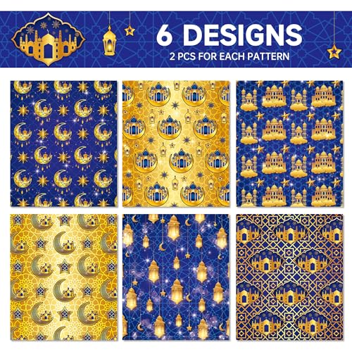 WGOCAUK 12 Sheets Eid Mubarak Wrapping Paper, 20x27in Moon Star Words Lantern Patterns Gift Wrap Paper Ramadan Kareem Wrapping Paper for Mubarak Party Gift Wrapping Supplies (Blue) - color: Blue