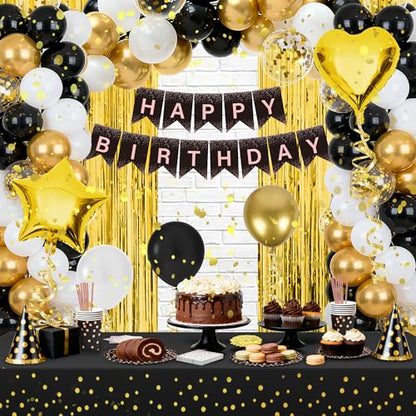 165 Pcs Black and Gold Birthday Decorations for Men and Women,Party Supplies Kit with Tablecloth,Paper Plates, Balloon, Happy Birthday Banner, Fringe Curtains, Cake Topper, Cups, for 25 Guests - style: Black and Gold
