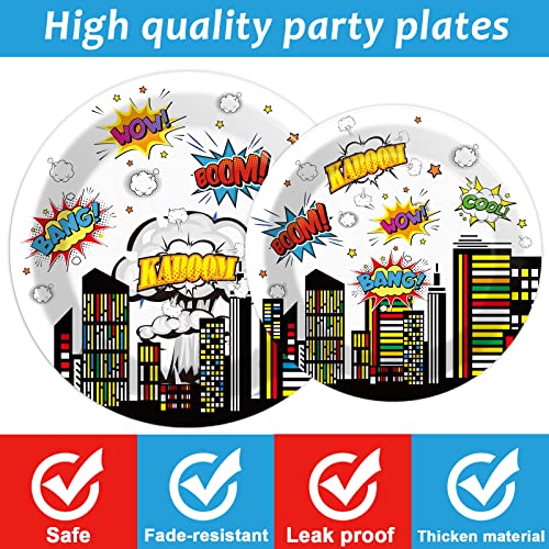 96 PCS Super Theme Hero Party Plates Napkins Hero Themed Party Tableware Hero Action Sign Disposable Paper Plates Napkins Happy Birthday Party Decorations Supplies Favors for 24 Guests - style: Hero