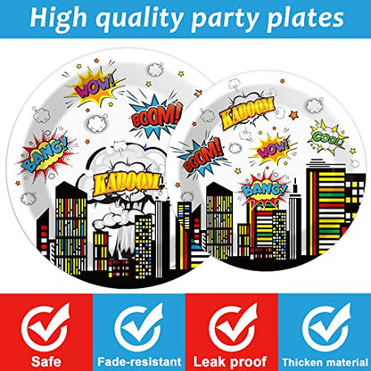 96 PCS Super Theme Hero Party Plates Napkins Hero Themed Party Tableware Hero Action Sign Disposable Paper Plates Napkins Happy Birthday Party Decorations Supplies Favors for 24 Guests - style: Hero