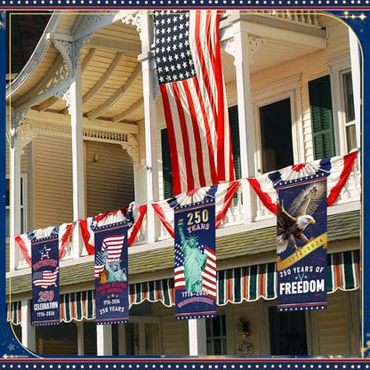 Panelee 4 Pcs 250th Anniversary Banner Decoration Patriotic American Flag Porch Banner 250th Anniversary Hanging Backdrop for Independence Day 4th of July Wall Indoor Outdoor Decor - style: 250th
