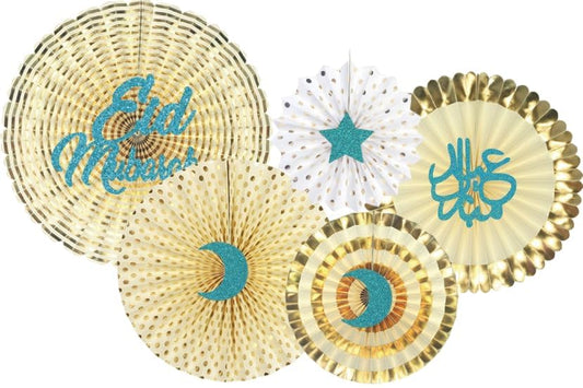 5X Eid Party Fans with Metallic - Ramadan Mubarak New Year Muslim Hajj Islam Allah Celebration Party Festive Home Decoratives Letters English, Arabic Indoor (Gold & Blue) - color: Gold and Blue Letters