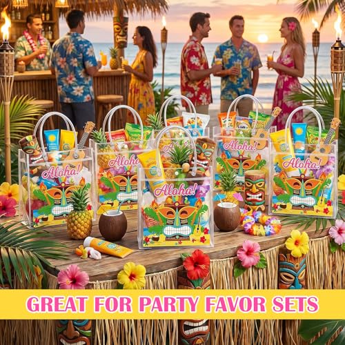 Aliceset 24 Pcs Hawaiian Luau Party Favor Bags Transparent PVC Aloha Tiki Goodie Bags with Handles Reusable Waterproof Candy Totes for Tropical Beach Summer Party Supplies, 6.31" x 5.91" x 3.15" - style: Aloha