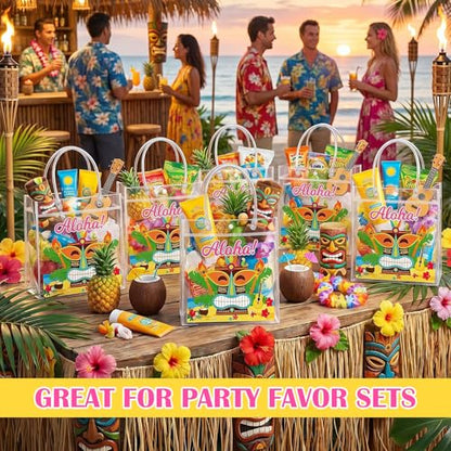 Aliceset 24 Pcs Hawaiian Luau Party Favor Bags Transparent PVC Aloha Tiki Goodie Bags with Handles Reusable Waterproof Candy Totes for Tropical Beach Summer Party Supplies, 6.31" x 5.91" x 3.15" - style: Aloha