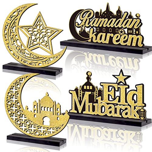 4pcs EID Mubarak Wooden Table Centerpiece Decorations EID Mubarak Wood Tiered Tray Signs Table Decor EID Mubarak Wooden Plaque Ornament Tabletop Signs for EID Ramadan Home Kitchen Gifts Supplies