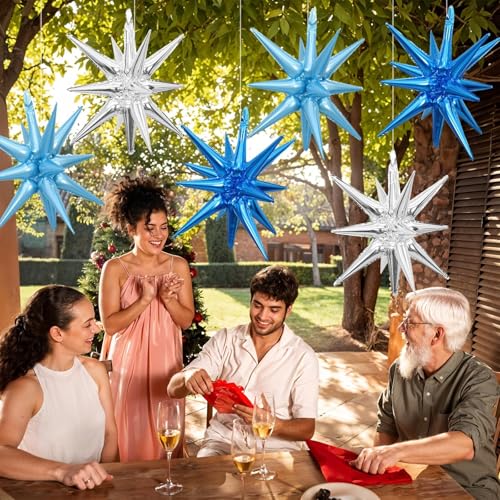 Blue Silver Star Balloons, 6PCS 22 Inch Foil Explosion Star Balloons - color: Dark Blue Silver Blue