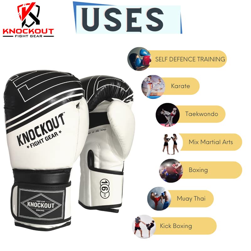 Boxing Gloves & Muay Thai Shin Guards for Men and Women, MMA Kickboxing Shin Pads Set, Adjustable Shin Guards with Instep Protection, Sparring & Martial Arts Training Gear - color: White-Black, size: 16 oz