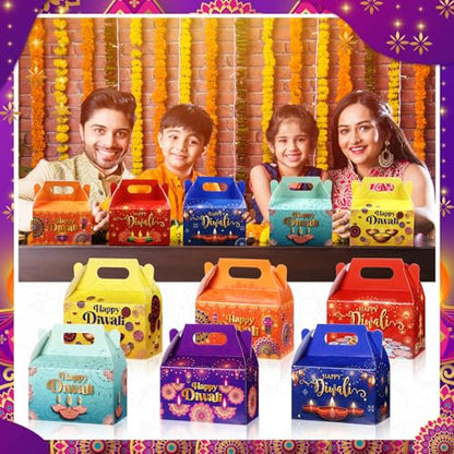 Kolldenn 24 Pcs Happy Diwali Party Favor Gift Boxes, Diwali Treat Boxes Indian Festival of Lights Gifts Gable Boxes Goodie Candy Snack Sugar Chocolate Gift Boxes for Party Decorations