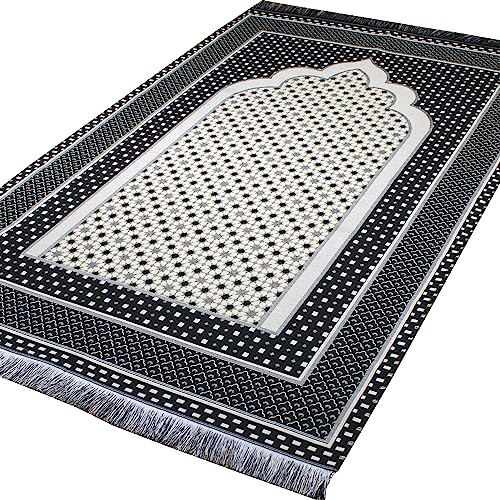 Modefa Turkish Islamic Prayer Mat Janamaz Sajjadah | Thin Woven Cotton Praying Rug Ramadan Eid Gift | Traditional Muslim Sejada for Men Women - Hira Diamond (Black) - color: Black