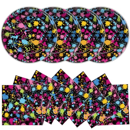 48Pcs Neon Glow in the Dark Paper Dessert Plates and Napkins Neon Party Decorations Paint Splatter Birthday Party Supplies Colorful Graffiti Disposable Tableware for Kids Baby Shower Serves 24 - style: Neon