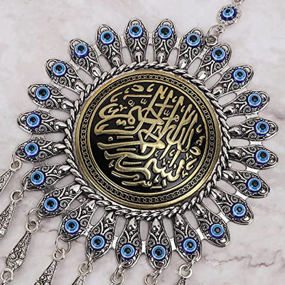 Islamic Turkish Blue Evil Eye Pendant, Muslim Amulet Blessing Wall Hanging Pendant, Good Luck Bringing Home Car Decor Protector for Women Sterling Silver Jewelry