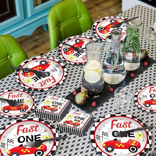 Fast One Birthday Decorations for Boys Racing Car 1st Birthday Party Supplies Fast One Plates Napkins Forks Checked Race Car Disposable Paper Plates Tableware Set for Kids Favors Serve 25 - style: Fast One