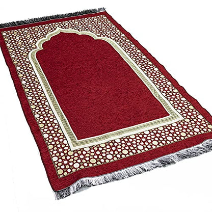 Modefa Turkish Islamic Prayer Mat - Thin Woven Chenille Sajjadah - Intricate Praying Rug Ramadan Eid Gift - Traditional Muslim Janamaz Sajada for Men Women - Geometric Selcuk Star (Red) - color: Red