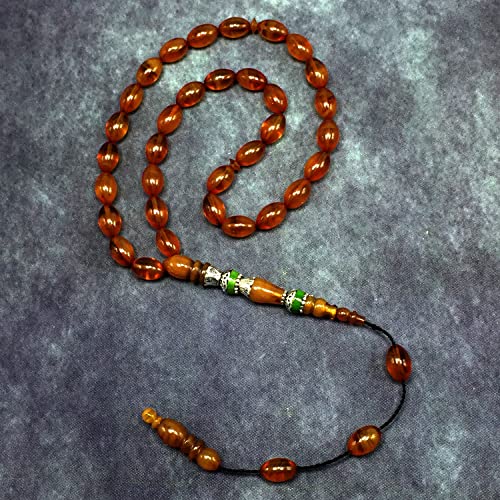 EXCLUSIVE COLLECTION -Handmade Silver Engraved Bakelite Tesbih, Tasbih, Islamic Rosary, Islamic Prayer Beads, Misbaha (7x10 mm 33 Honey Color Rice Beads) - color: 7x10 mm 33 Honey Color Rice Beads