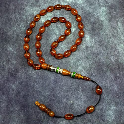 EXCLUSIVE COLLECTION -Handmade Silver Engraved Bakelite Tesbih, Tasbih, Islamic Rosary, Islamic Prayer Beads, Misbaha (7x10 mm 33 Honey Color Rice Beads) - color: 7x10 mm 33 Honey Color Rice Beads