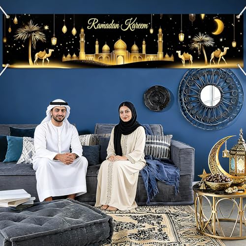 BlissYard Ramadan Decorations Banner Eid Mubarak Kareem Islamic Decor Long Mosque Moon Star Home Party Backdrop Reusable Polyester Wall Hanging 78x17 Inch Muslim Holiday Display