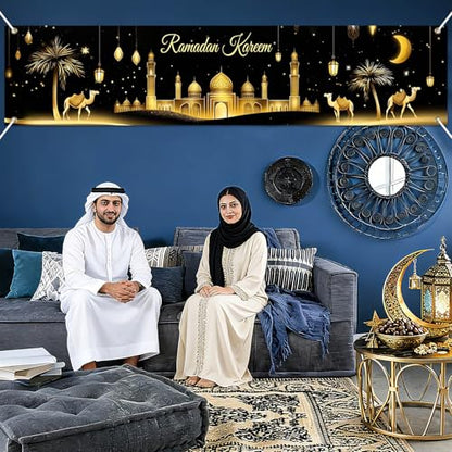 BlissYard Ramadan Decorations Banner Eid Mubarak Kareem Islamic Decor Long Mosque Moon Star Home Party Backdrop Reusable Polyester Wall Hanging 78x17 Inch Muslim Holiday Display