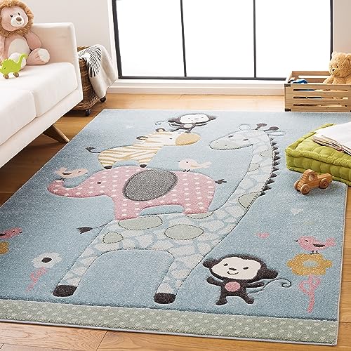SAFAVIEH Carousel Kids Collection Area Rug - 4' x 6', Blue, Animal Design, Easy Care & Non-Shedding, Ideal for High Traffic Areas for Boys & Girls in Playroom, Nursery (CRK120K-4) - color: Blue, size: 4' x 6' (Rectangular)
