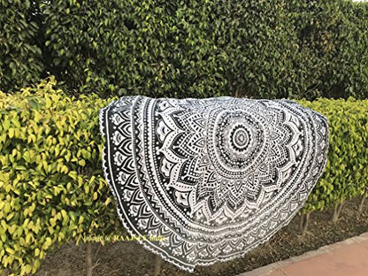 raajsee Grey Black Ombre Round Beach Tapestry Hippie/Boho Beach Blanket Roundie/Indian Cotton Throw Bohemian Round Table Cloth/Yoga Mat Meditation Picnic Rugs 69 inch Circle - color: Grey Black, size: 5 feet 10 inches (Round)