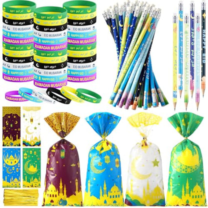 Mooliwe 144 Pcs Ramadan Mubarak Party Favor Gifts Bulk 48 Eid Ramadan Muslim Pencils 48 Mubarak Wristbands 48 Cellophane Gift Bag for Party Decorations Supplies(Chic Style) - style: Chic Style