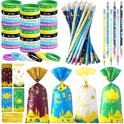Mooliwe 144 Pcs Ramadan Mubarak Party Favor Gifts Bulk 48 Eid Ramadan Muslim Pencils 48 Mubarak Wristbands 48 Cellophane Gift Bag for Party Decorations Supplies(Chic Style) - style: Chic Style