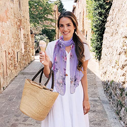 E-Clover Women Soft Floral Print Shawl Chiffon Sheer Scarf - color: Purple Floral-216