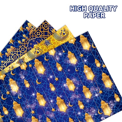 Welpurch 12 Sheets Eid Mubarak Wrapping Paper, 20x27in Moon Star Words Lantern Patterns Gift Wrap Paper Ramadan Kareem Wrapping Paper for Islamic Muslim Party Favor Gift Wrapping Crafts Supplies