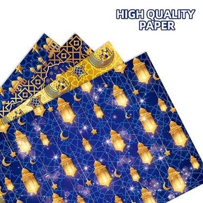 Welpurch 12 Sheets Eid Mubarak Wrapping Paper, 20x27in Moon Star Words Lantern Patterns Gift Wrap Paper Ramadan Kareem Wrapping Paper for Islamic Muslim Party Favor Gift Wrapping Crafts Supplies