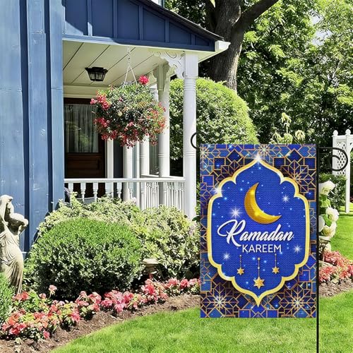 Ramadan Kareem Garden Flag, Muslim Festival Party Farmhouse Yard Flag Ramadan Eid Kareem Muslim Outdoor Indoor Decor O Holy Night Lawn Decoration 12 x 18inch