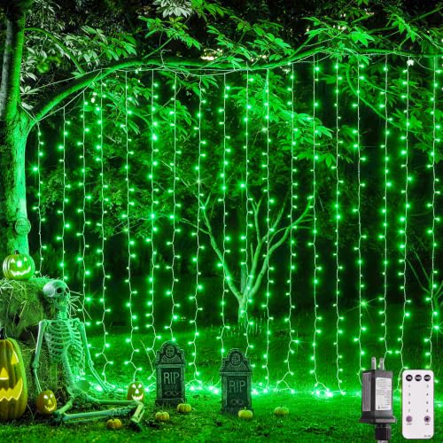 JMEXSUSS 300 LED Green Curtain Lights for Halloween Decor, 9.8x9.8ft - color: Green, size: 300 LED