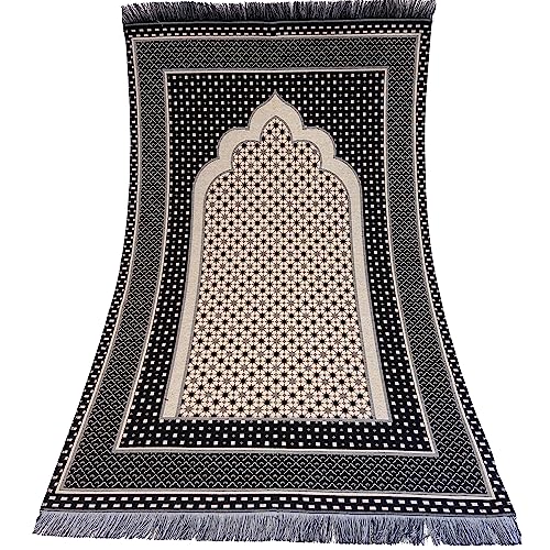 Modefa Turkish Islamic Prayer Mat Janamaz Sajjadah | Thin Woven Cotton Praying Rug Ramadan Eid Gift | Traditional Muslim Sejada for Men Women - Hira Diamond (Black) - color: Black