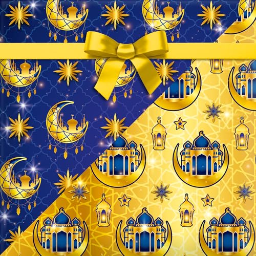WGOCAUK 12 Sheets Eid Mubarak Wrapping Paper, 20x27in Moon Star Words Lantern Patterns Gift Wrap Paper Ramadan Kareem Wrapping Paper for Mubarak Party Gift Wrapping Supplies (Blue) - color: Blue