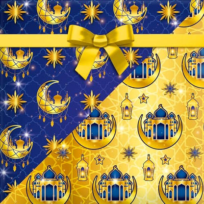 WGOCAUK 12 Sheets Eid Mubarak Wrapping Paper, 20x27in Moon Star Words Lantern Patterns Gift Wrap Paper Ramadan Kareem Wrapping Paper for Mubarak Party Gift Wrapping Supplies (Blue) - color: Blue