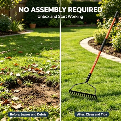 KOLEIYA 57" Heavy Duty Garden Rake – 14-Tine Bow Rake with Fiberglass Handle, for Soil Leveling, Mulch Spreading, Lawn Care & Debris Cleanup